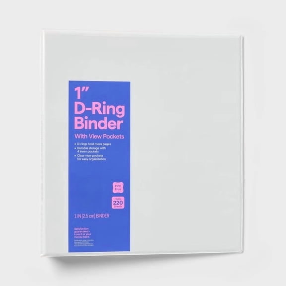Clear View 3-Ring Binder, 1" D-Ring Holds 220 Sheets, 4 Inner Pockets, Durable Polypropylene & Metal for School Office Organization