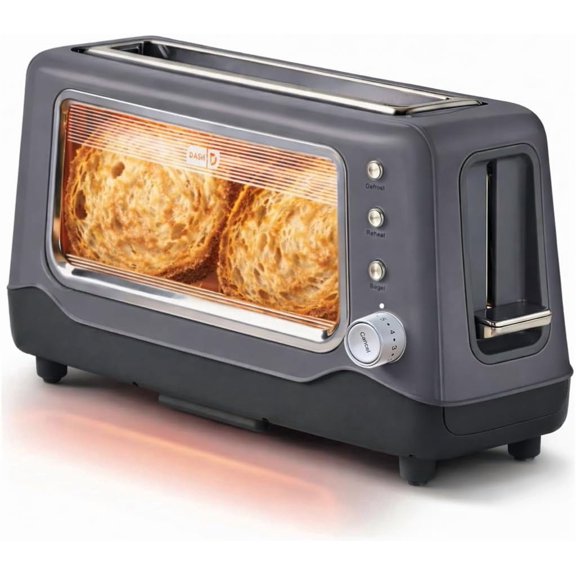 Clear View Toaster: Extra Wide Slot Toaster with See Through Window - Defrost, Reheat + Auto Shut Off Feature for Bagels, Specialty Breads & other Baked Goods - Grey
