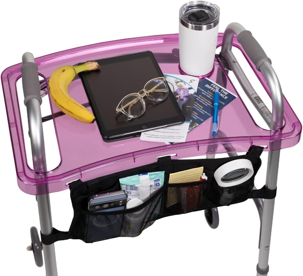 Clear View Walker Tray + Bag + Non-Slip Mat \u0026 Cup Holder, Tray for Folding Walkers, Food Tray, Walker Accessories, Tray Table for Standard Adult Walkers (Purple)