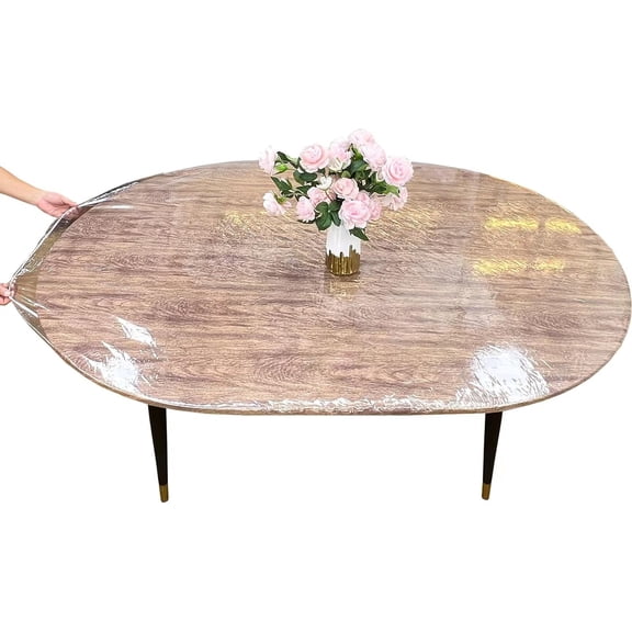 Clear Vinyl Oval Fitted Tablecloth Elastic Edged Table Cloth Waterproof Oil-Proof Plastic Cover Best for 48''x68'' Oval Table Only