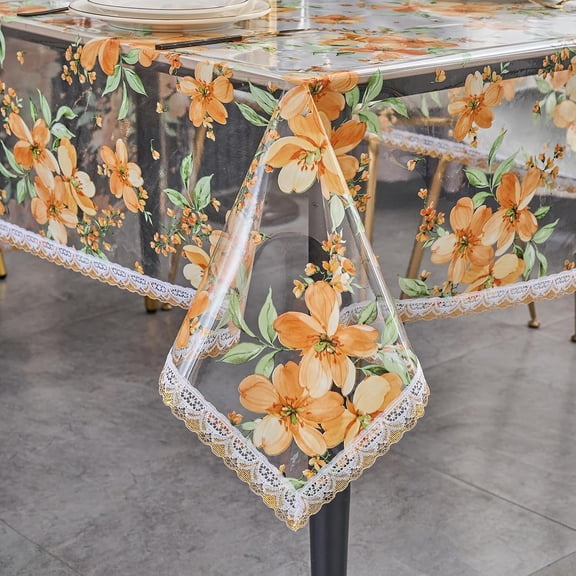 Clear Vinyl Printed Rectangle Tablecloths with Lace Gold Border Waterproof | Minimalist farmhouse style,Waterproof oilproof&wipeable vinyl,ideal for kitchen,dining&parties winter jasmine Print 54" x