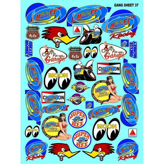 Clear Vinyl R/C Racing Sponsor Sticker Gang Sheet 37-1/4-1/5 1/6th Scale Model Decal Sticker Sheet Radio Control Lexan Body Die-Cut to Shape - Peel & Stick Water Slide - Blue - Carpart