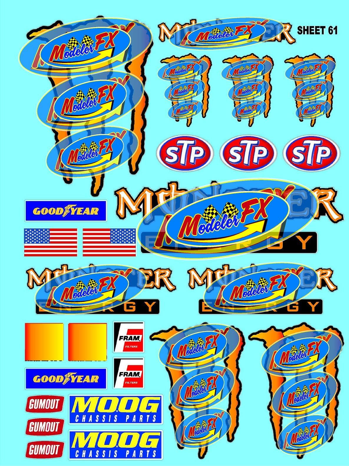 Clear Vinyl R/C Racing Sponsor Sticker Gang Sheet 61-1/4-1/5 � 1/6th Scale Model Decal Sticker Sheet Radio Control Lexan Body � Die-Cut to Shape - Peel & Stick � Water Slide - Orange - Monsters
