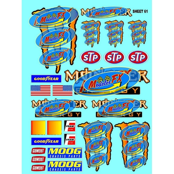 Clear Vinyl R/C Racing Sponsor Sticker Gang Sheet 61-1/4-1/5 1/6th Scale Model Decal Sticker Sheet Radio Control Lexan Body Die-Cut to Shape - Peel & Stick Water Slide - Orange - Monsters