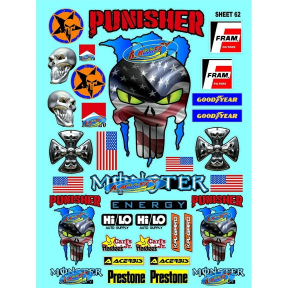 Clear Vinyl R/C Racing Sponsor Sticker Gang Sheet 62-1/4-1/5 1/6th Scale Model Decal Sticker Sheet Radio Control Lexan Body Die-Cut to Shape - Peel & Stick Water Slide - Punish - Gift