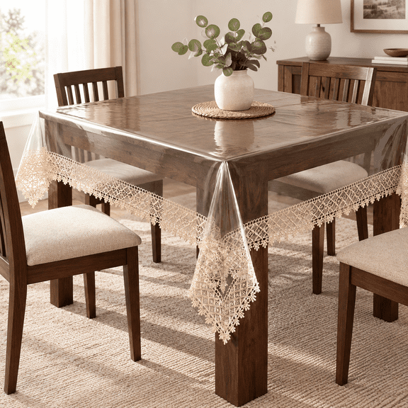 Clear Vinyl Tablecloth With Lace Trim Waterproof/oil-proof Plastic Table Cover Protector Square Transparent Sheet Wipeable Pvc Cl