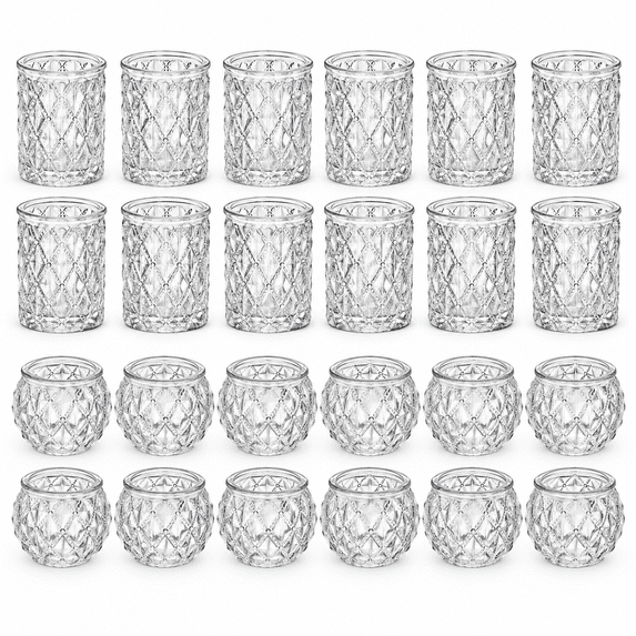 Diamond Textue Clear Votive Candle Holders Set of 24, Round Glass Tea Light Holders ...