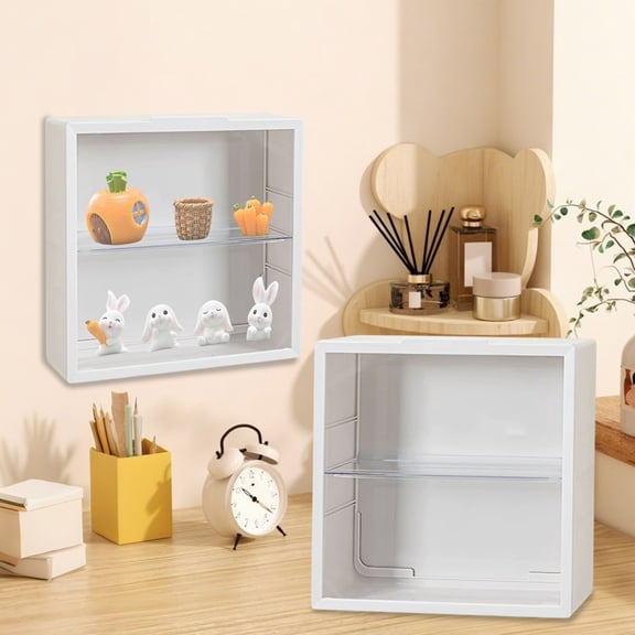 Clear Wall-Mounted Display Box with Transparent Cover - Plastic Organizer for Collectibles, Plush Toys, Figurines - 11.8x11.8x3.9 in, No Drilling, Stackable Storage, White