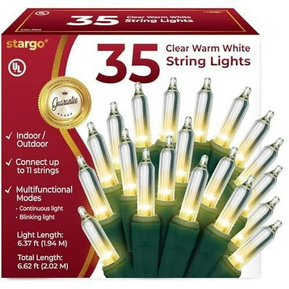 Clear Warm White Christmas Tree Lights - 6.3 ft String of 35 Incandescent Mini Bulbs Multifunctional Lighting Modes, Decorative, Bedroom, Outdoor, Xmas Twinkle Lights with Green Wire Total 6.6 ft
