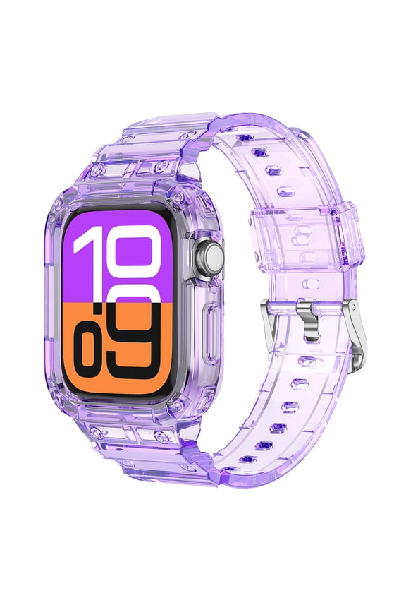 Clear Watch Band with Bumper Case Compatible for iWatch Series 10 46mm Women Men Girls, Silicone Jelly Transparent Soprts Strap with Clear Frame Cover for Apple Watch Series 10 46mm, Purple