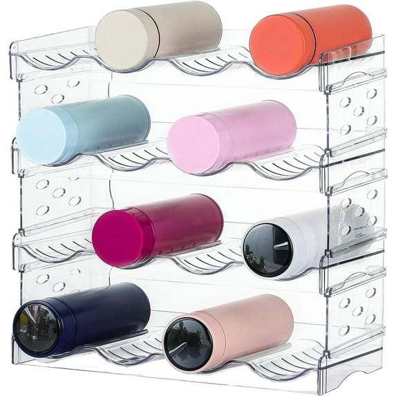 Clear Water Bottle Organizer,Stackable Bottle Storage Rack,4 Pack Wine and Tumbler Water Bottle Holder for Cabinet Organization and Storage,Plastic Wine Display/Drink Bottle Holder for Refrigerator