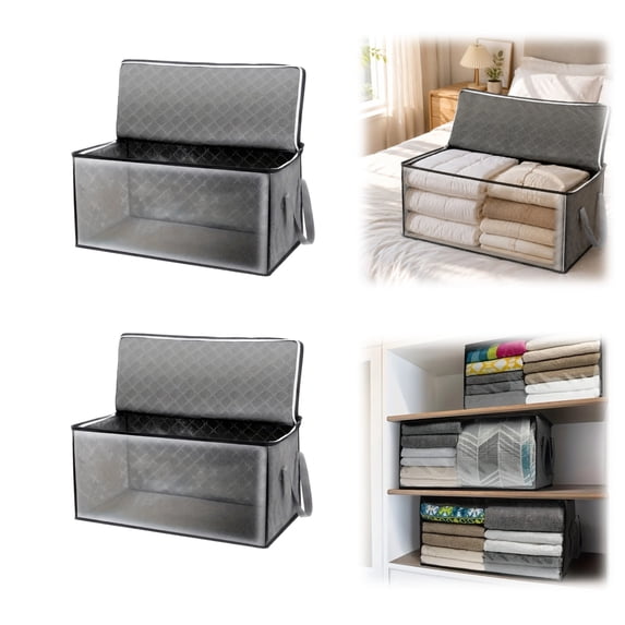 Clear Window Fabric Storage Bags, Heavy Duty Clothes Storage Bins with Zipper Lid, Reinforced Carry Handles Foldable Storage Totes for Quilt Clothing Dorm Wardrobe 2PCS
