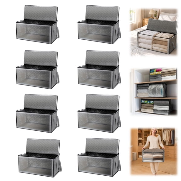 Clear Window Fabric Storage Bags, Heavy Duty Clothes Storage Bins with Zipper Lid, Reinforced Carry Handles Foldable Storage Totes for Quilt Clothing Dorm Wardrobe 8PCS