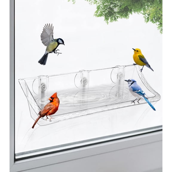Clear Window Mounted Bird Feeder Bath with Strong Suction Cups for Outside, Transparent Glass Birdfeeder Birdbath for Cats, Elderly Viewing, 1 Pack