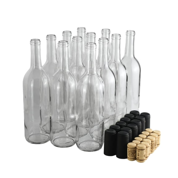 Clear Wine Bottles 750 ml (Pack of 12) w/No.8 Natural Corks & Matte Black Shrink Sleeves | W5 Bordeaux Empty Liquor Flint Flat-Bottomed Cork Top Glass Bottle for Making