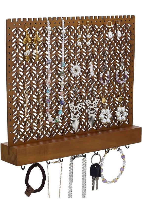 Clear Wood Wall-Mounted Jewelry Hanging Racks Saddle Brown Jewelry Holder with Hanger Hooks Wooden Wall Hanging Organizer for Earring Bracelets Necklaces Organizer Holder