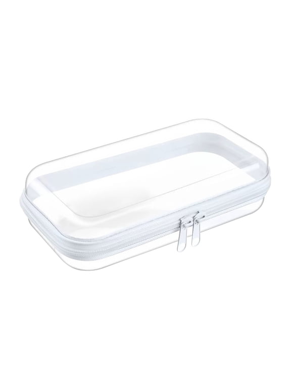 Clear Zip Closure Desktop Storage Container, 9.8×7.9×2 inch Transparent Hard Shell Zipper Case Pouches, Portable Clear Travel Toiletry Bag for Women, Transparent Hard Shell Organizer Case