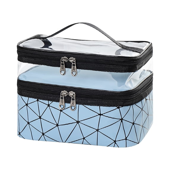Clear Zipper Case, Water Resistant Travel Cosmetics Bag, Teen Girl Gift Clear Makeup Organizer, Heart Shape Zipper Pulls Clear Organizer, Light Blue Lattice Pattern 9X7.5X6 Inch