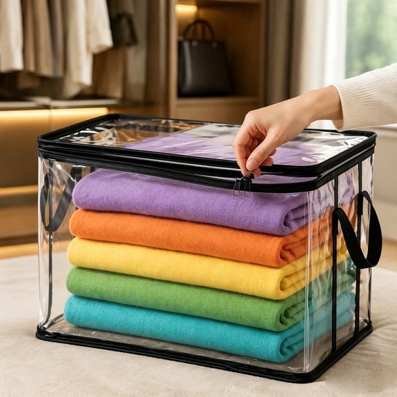 Clear Zippered Storage Box for Clothes - Large Capacity Transparent Organizer with Handles, Ideal for Wardrobe, Closet & Under-Bed Storage of Sweaters, Bedding & Seasonal Items