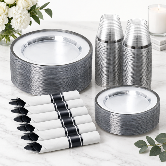 Clear and Black 350-Piece Disposable Party Dinnerware Set Serves 50 Guests