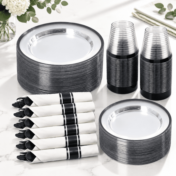 Clear and Black 350-Piece Disposable Party Dinnerware Set for 50 Guests