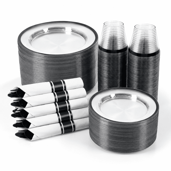 Clear and Black 350-Piece Disposable Plastic Party Dinnerware Set Serves 50