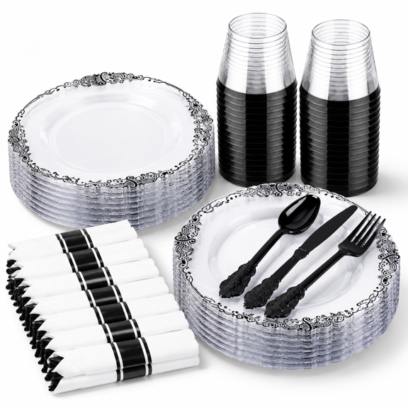 Clear and Black 50 Count Disposable Party Supply Dinnerware Set