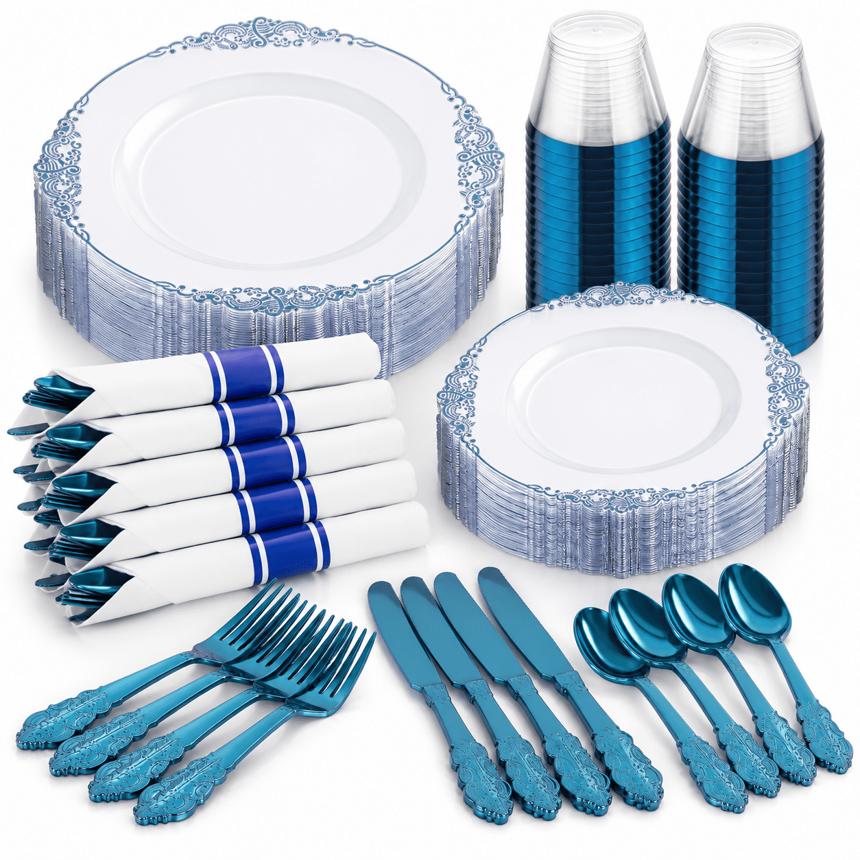 Clear and Blue 25-Piece Baroque Style Party Dinnerware Set with Plates ...