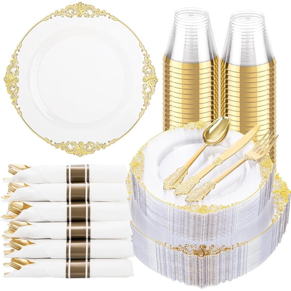 Clear and Gold Party Plates Set for 50 Guests with Heavy-Duty Plates and Gold Plastic Silverware