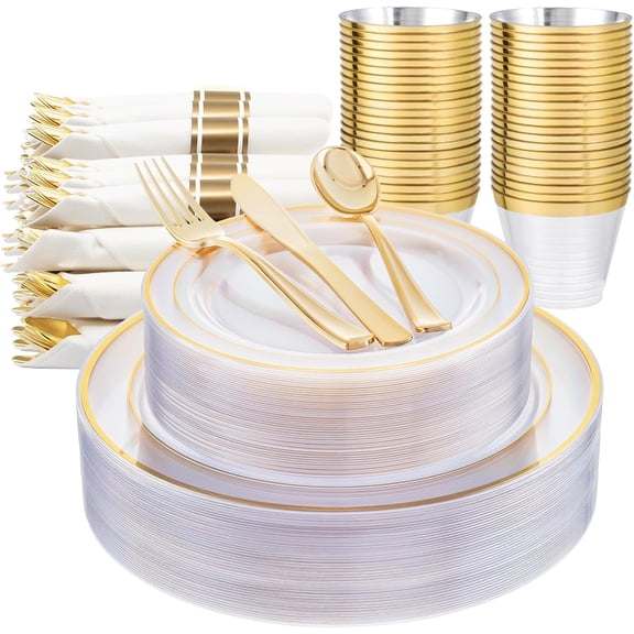 Clear and Gold Plastic Party Set for 50 Guests: Plates, Silverware, Cups, and Napkins