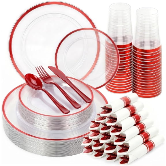 Clear and Red Disposable Plastic Dinnerware Set for 50 Guests 100 Plates 50 Cups 50 Pre-Rolled Napkins and Cutlery