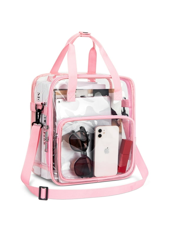 Clear Bag Stadium Approved 12x12x6, Clear Tote Bag with Reinforced Strap, Crossbody Messenger Shoulder Bag, Transparent Tote Lunch Bag for Work, Sports Games Concerts Travel Security Festival, Pink