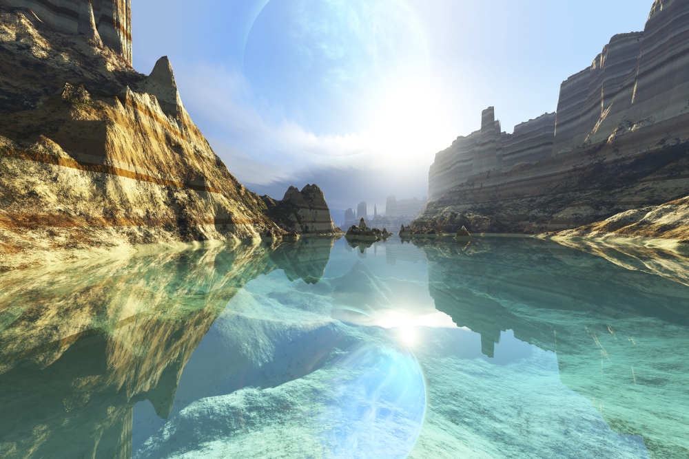 Clear canyon river waters reflect the alien planet in the sky Canvas Art - Corey FordStocktrek Images (35 x 23)