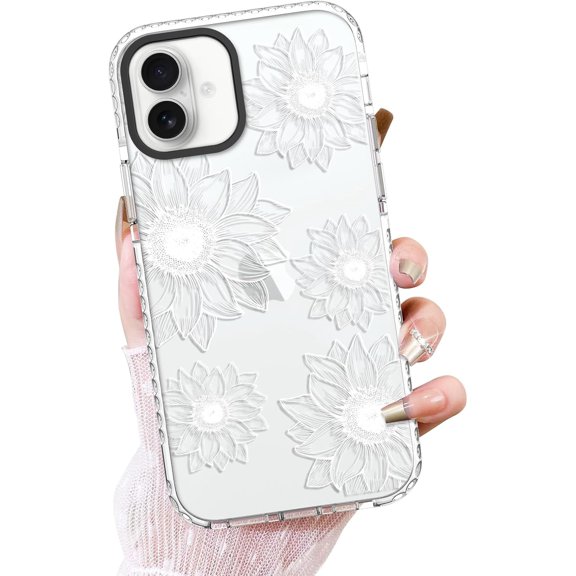 Clear case for iPhone 16, Cute Sunflower Floral Blooms Design Soft TPU Shockproof Protective for Women Girls Slim Phone Cover - White Flower