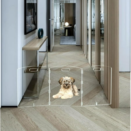 Clear freestanding Dog gate for Indoor use,Pet Gates for doorways no Drilling,Acrylic Foldable Dog gate for Stairs with Support feet (3Panel - 60''W x 23''H)