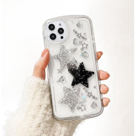 Clear iPhone 12 Pro Max Case, Cute Glitter 3D Stars Heart Crystal Clear, Sparkly Aesthetic Design Clear Cases, Shockproof Protective Cover for Teen Girls Women Clear