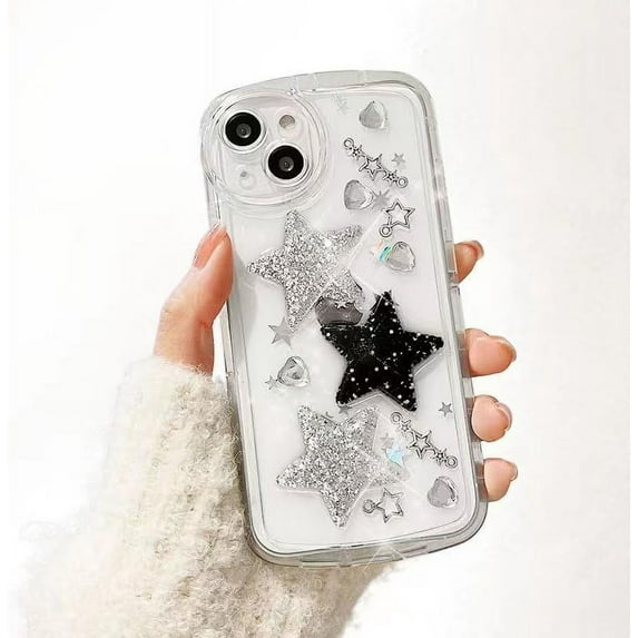 Clear iPhone 14 Case, Cute Glitter 3D Stars Crystal Heart Clear, Sparkly Cute Phone Cases with Aesthetic Design Shockproof Protective Cover Clear