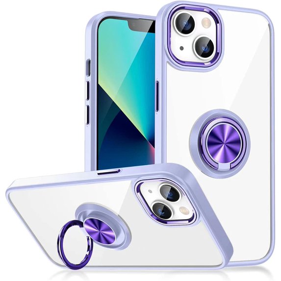 Clear for iPhone 14 Pro Case with Ring Holder, 360 Rotate Magnetic Kickstand Support Car Mount, Electroplated Edges Not Yellowing Slim Shockproof for Women Men Protective Phone Case, Purple