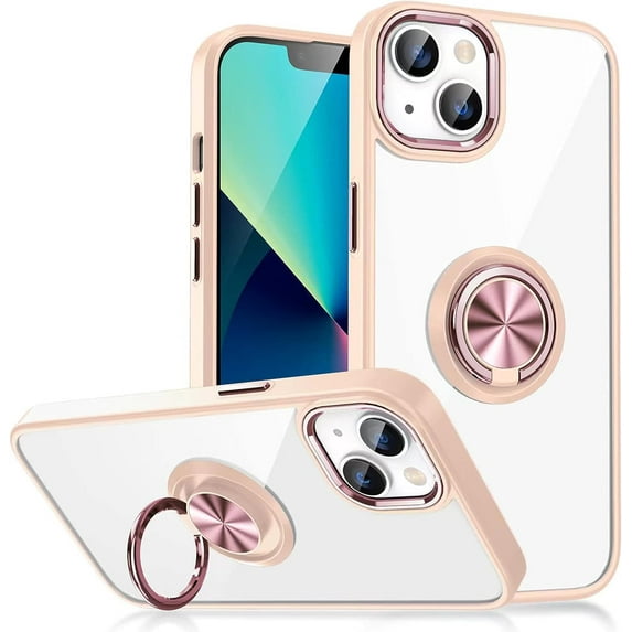 Clear for iPhone 14 Pro Case with Ring Holder, 360 Rotate Magnetic Kickstand Support Car Mount, Electroplated Edges Not Yellowing Slim Shockproof for Women Men Protective Phone Case, Pink