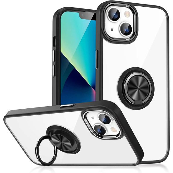 Clear for iPhone 14 Pro Case with Ring Holder, 360 Rotate Magnetic Kickstand Support Car Mount, Electroplated Edges Not Yellowing Slim Shockproof for Women Men Protective Phone Case, Black