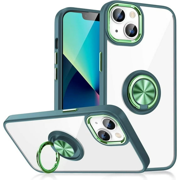 Clear for iPhone 14 Pro Max Case with Ring Holder, 360 Rotate Magnetic Kickstand Support Car Mount, Electroplated Edges Not Yellowing Slim Shockproof for Women Men Protective Phone Case, Green