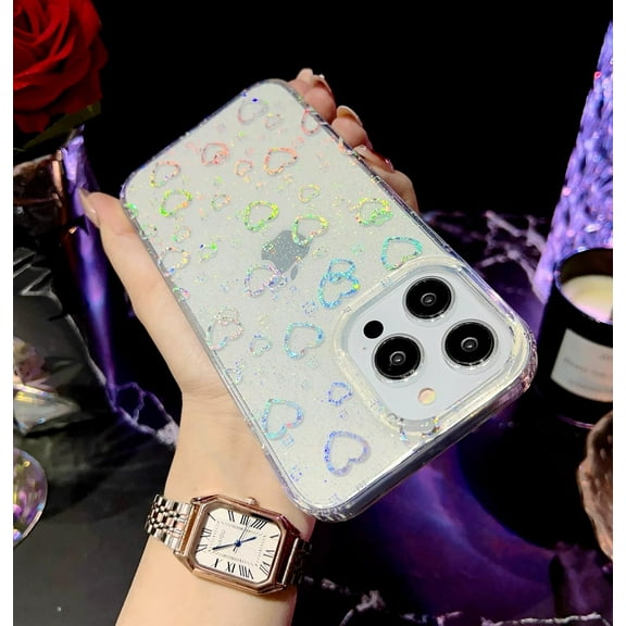 Clear for iPhone 14 Pro Max Case Women Heart Design [8FT Drop Tested] Glitter Sparkly Hard Shockproof Protective Phone Case Slim Cover Anti-Scratch (Heart)