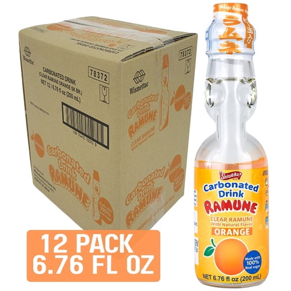 SHIRAKIKU Clear Ramune Japanese Carbonated Drink Orange No HFCS, 6.76 fl oz, 12 pack
