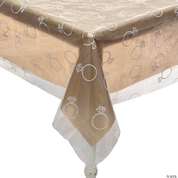Clear with Diamond Ring Print & Gold Disposable Plastic Tablecloth Kit - 2 Pieces