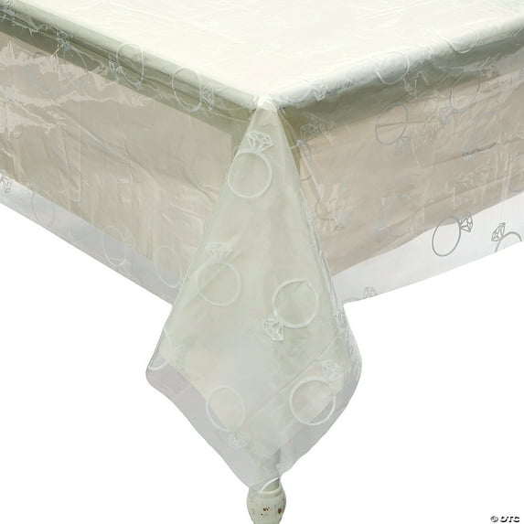Clear with Diamond Ring Print & Ivory Disposable Plastic Tablecloth Kit - 2 Pieces