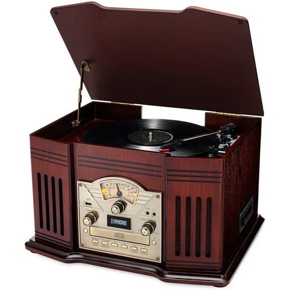 ClearClick All-in-One Turntable with 3-Speed Record Player, Bluetooth, CD, Cassette Tape, AM/FM Radio, USB, Aux, Built-in Speakers, Handmade Wooden Exterior
