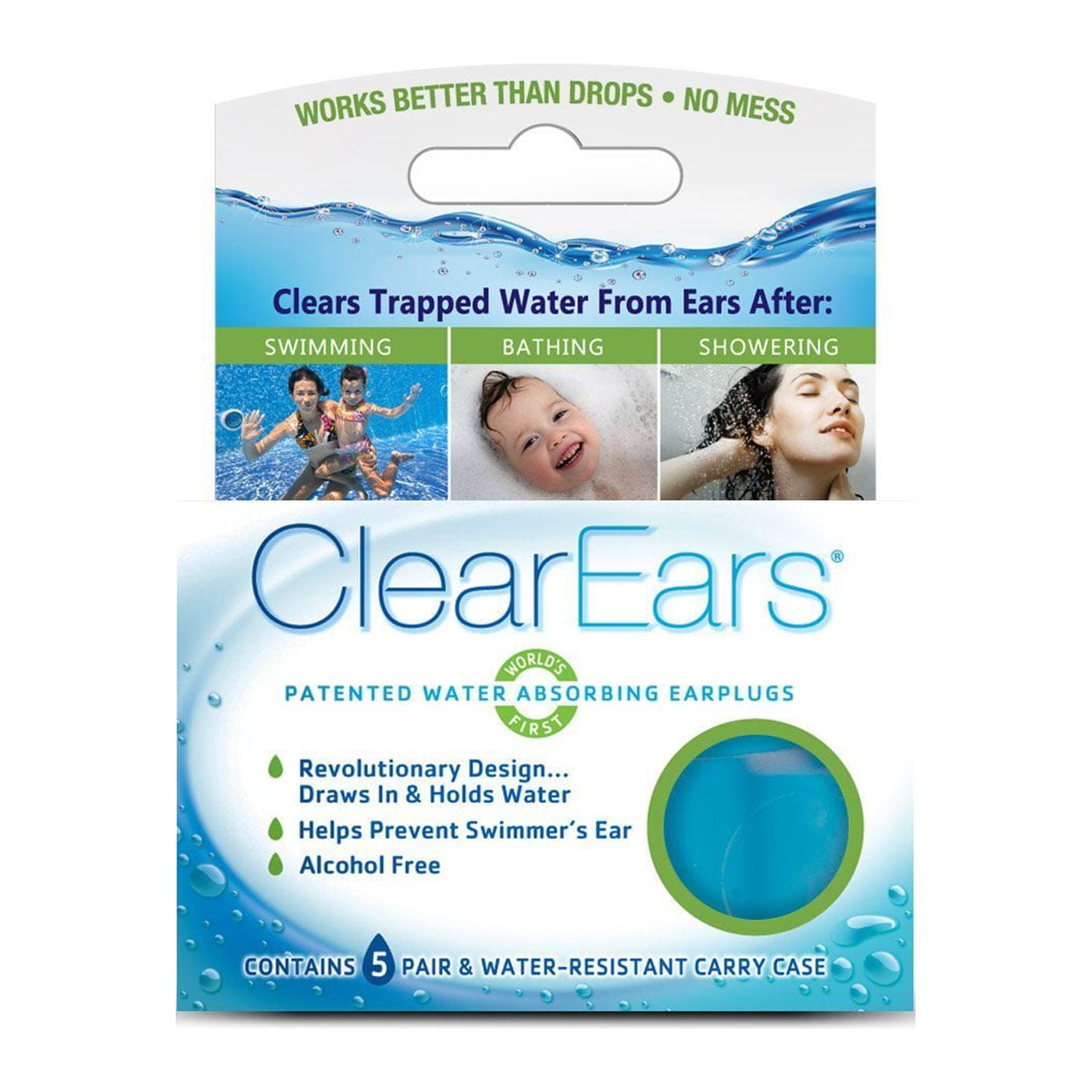 ClearEars Patented Water Absorbing Earplugs, Alcohol Free, 5 Count