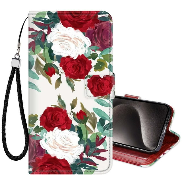 ClearSha iPhone 15 Pro Max Wallet Case for Women, Red Rose Flower
