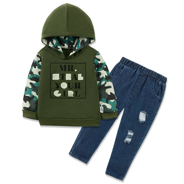Clearance 04T Toddler Baby Boy Outfits Camo Hoodie Top + Ripped Denim