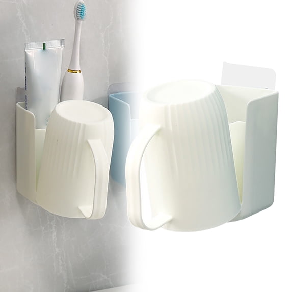 Clearance Under $1.36! Wall Mounted Toothbrush Holder with Cup, Bathroom Organizer for Toothbrushes and Toothpaste, Space-Saving Adhesive Rack for Small Spaces
